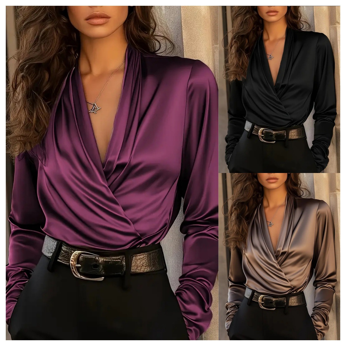 Blusa Feminina de Cetim com De - Women'S Formal Evening Wear Tops avaliação e preço