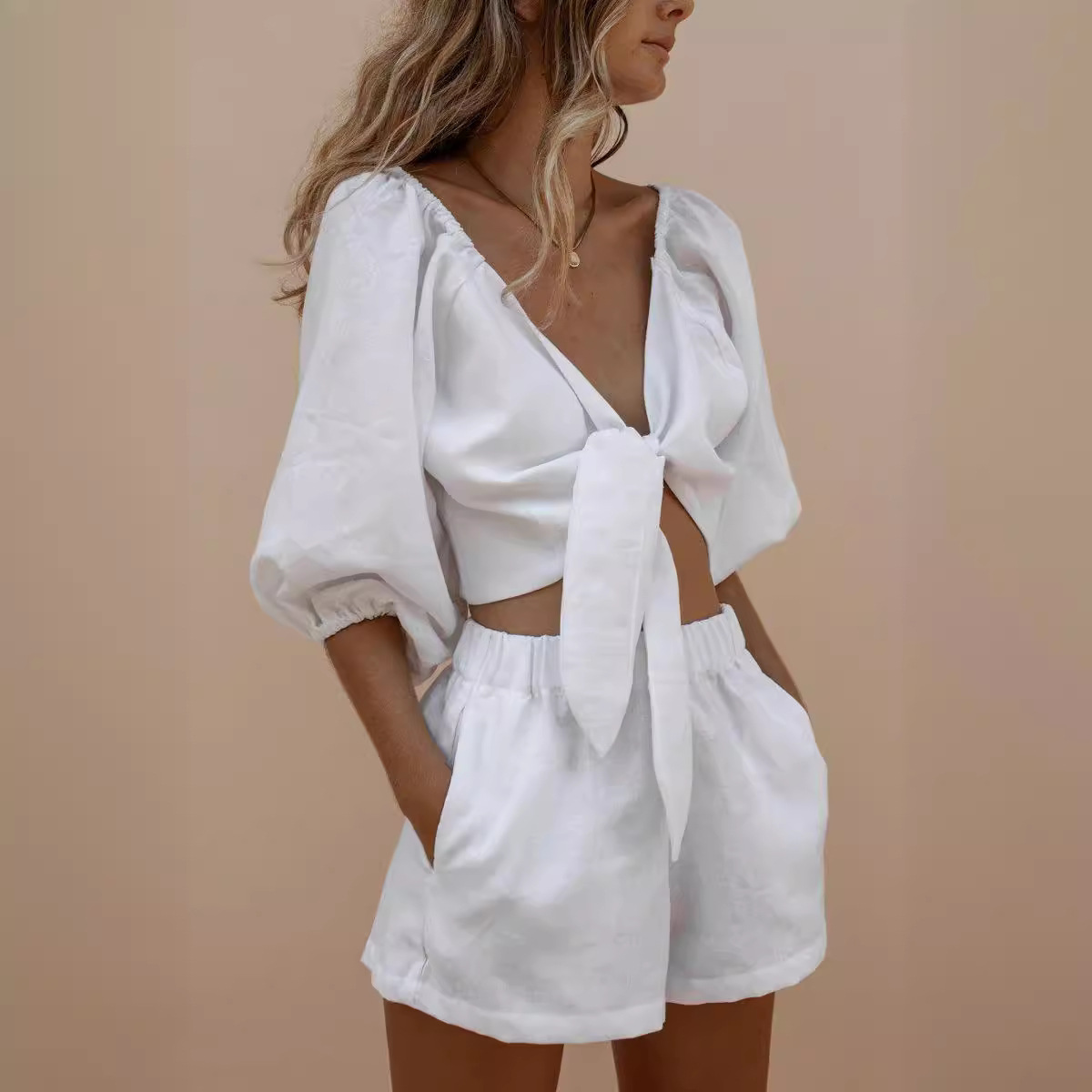 Manga folhada feminina, terno  - Monochrome Suit Set avaliação e preço